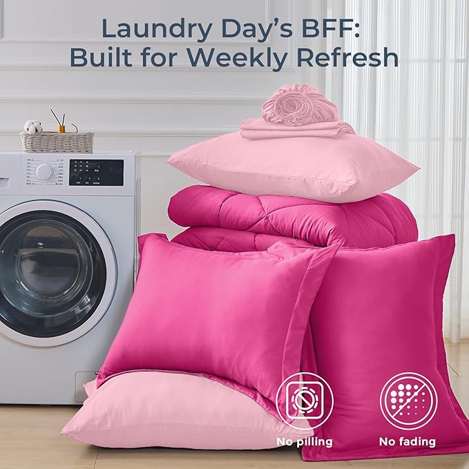 HEVUMYI Hot Pink & Baby Pink Queen Comforter Set - 7-Piece All Season Bed in a Bag Queen, Ultra Soft Bedding Set with Comforter, Flat Sheet, Fitted Sheet, Pillowcases, Pillow Shams