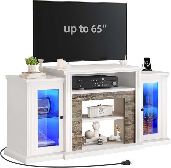 YITAHOME Modern TV Stand for 65 Inch TV, LED Entertainment Center with Power Outlets, Media Console TV Cabinet with Adjustable Shelves & Glass Door for Living Room, White, 59'' TV Stand