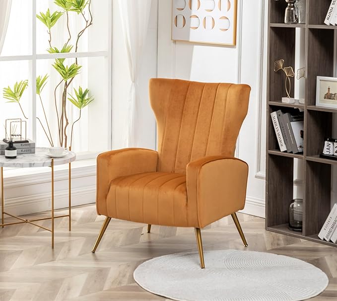 Container Furniture Direct Modern Velvet Accent Chair, Channel Tufted Bedroom, Office or Living Room Furniture with Elegant Metal Legs, 26" Wide Armchair, Mustard Yellow