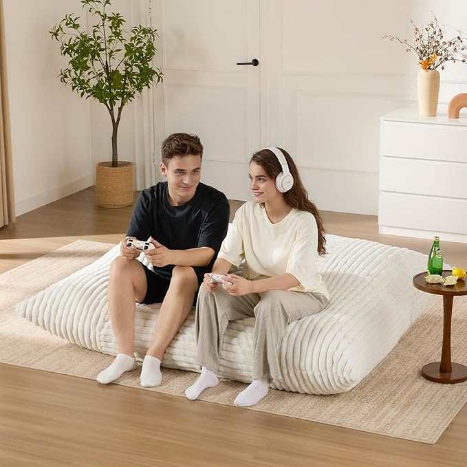 3-in-1 Giant Bean Bag Chair for Adults & Kid, Convertible Floor Sofa to Mattress, High-Density Foam Chair Bed with Washable Cover, Multi Functional Lounge Couch for Bedroom, Living Room (Beige)