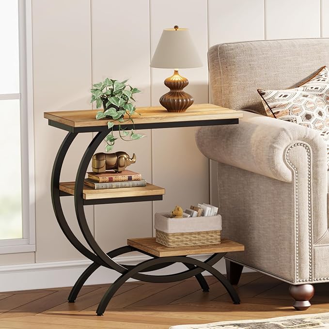 Tribesigns C-Shaped End Table, Industrial 3-Tier Small Side Table for Couch, Wood Bedside Table Snack Side Table with Storage Shelves for Living Room Small Space, Light Brown