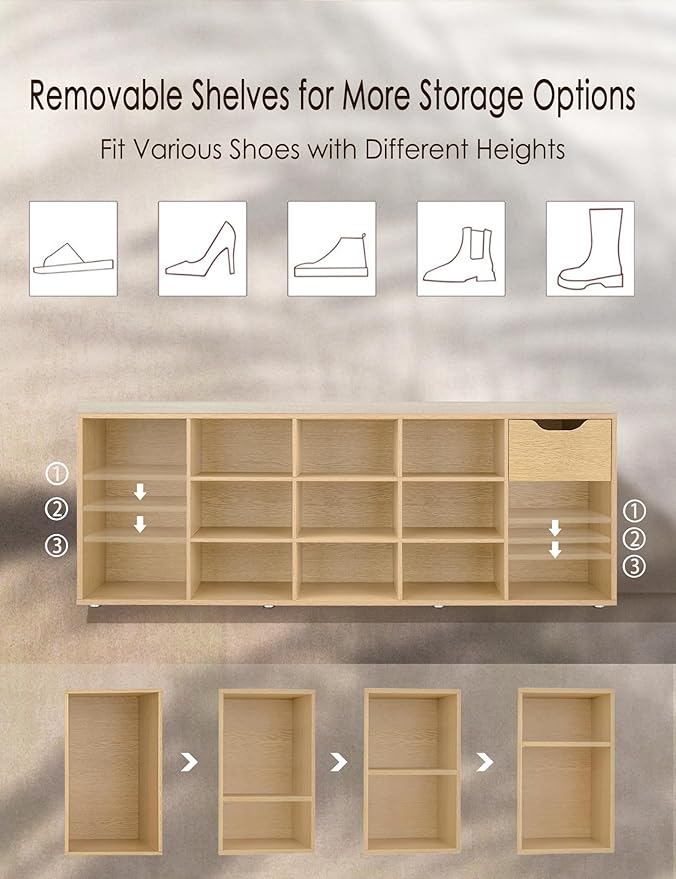 DINZI LVJ Shoe Bench, Entryway Storage Bench with Drawer and 14 Cubbies, Long Cubby Shoe Rack with Adjustable Shelves, Shoe Organizer for Living Room, Bedroom, Mudroom, Garage,Natural