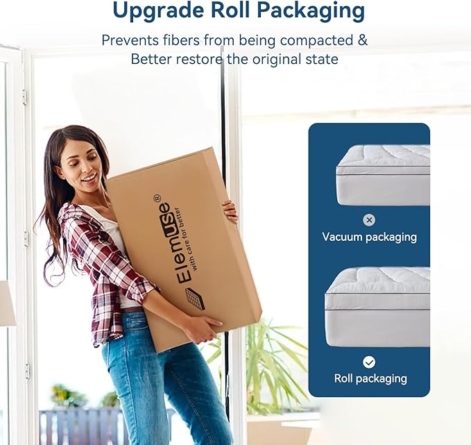 ELEMUSE Full Cooling Mattress Topper, Extra Thick 1300gsm Mattress Pad for Back Pain Relief, Plush 500TC Cotton Pillow Top with Deep Pocket, Overfilled with Mixed Advansa Down Alternative Filling