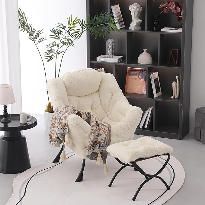 Lazy Chair with Folding Ottoman, Modern Accent Lounge Armchair with Armrests and a Side Pocket & Foldable Footstool, Leisure Reading Chair for Living Room, Bedroom, Dorm & Office, Plush Beige