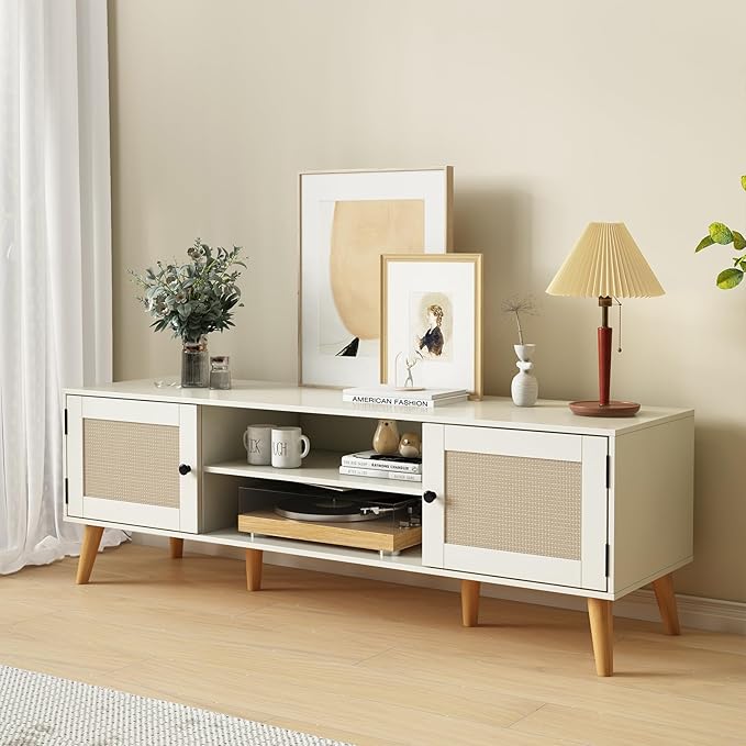 TV Stand for TVs up to 65 inches, Rattan Grain Finish Panel with 2 Storage cabinets, Modern Minimalist Style, Living Room, Audio-Visual Room for Multiple Rooms,3 Colors Available (White)