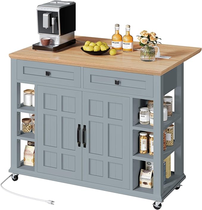 DWVO Rolling Kitchen Island with Drop Leaf, Mobile Storage Islands with Power Outlet Foldable Tabletop, 2 Drawers and Open Shelves, for Living Room, Dining Room, Blue Gray