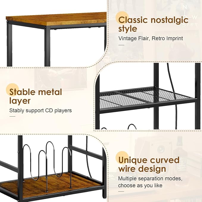 Record Player Stand with Storage, 4 Tier Turntable Stand with Vinyl Record Storage, Stereo Cabinet with Record Holder, Media Stand with Outlets for Entertainment Center