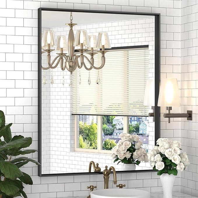 Brushed Metal Thick Frame Bathroom Mirror 20 x 30 Inch Metal Frame Black Rectangular Wall Mirror Matte Black Vanity Mirrors Square Corner, Modern Rectangle Mirrors(Horizontal/Vertical)