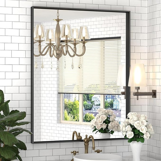 DENRICK 16x20 inch Black Frame Mirror, Wall Bathroom Vanity Mirror, Modern Rectangular Round Corner Matte Frame (Horizontal/Vertical)
