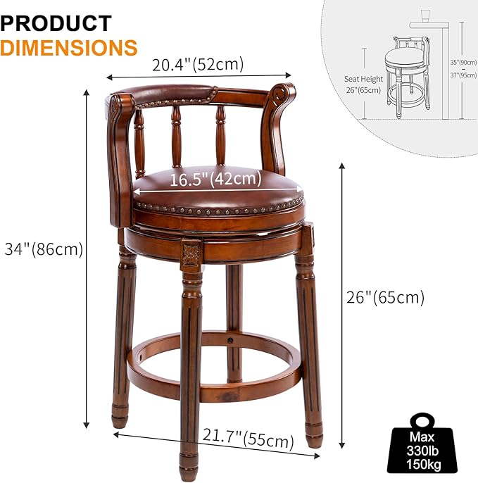 Cow top Leather Wooden Bar Stools, 360 Degree Swivel Bar Height Chair with Backs for Home Kitchen Counter, Morden Chair Barstools (Brown 1pc, Counter Height-Seat Height 26”)