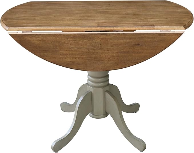 IC International Concepts, 42" Round Dual Drop Leaf Pedestal Dining Table, Solid Real Wood, Sturdy Parawood, Distressed Hickory/Stone