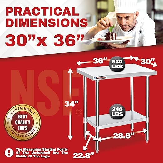DuraSteel 30x36 Stainless Steel Work Table - NSF Commercial Prep Metal Table - Outdoor Pizza Oven Stand w/Under Shelf - Kitchen Island Laundry Utility Garage Microwave Stand Large Rolling Storage Cart