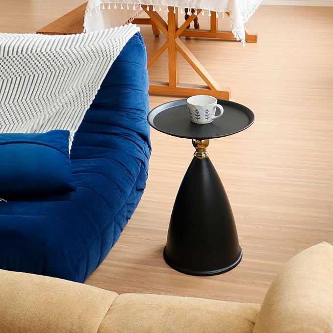 Small Round Black Side Table for Small Spaces, Pedestal Modern Couch End Tables for Living Room, Unique Accent Sofa Drink Table Metal Martini Tables for Recliner, Bedroom