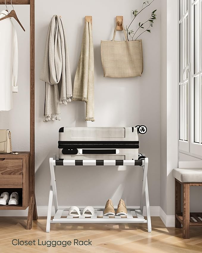 2 Packs Fully Assembled White Luggage Racks with Shoe Shelf, Folding Suitcase Stand with 5 Straps, Wooden Luggage Stand Ideal for Guest Room, Bedroom, Hotel