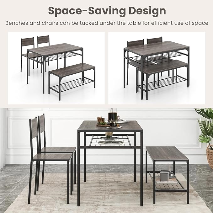 Giantex Dining Table Set for 4, Kitchen Table with Chairs & Bench, Storage Racks, Metal Frame, 4-Piece Space-Saving Dinette Set for Dining Room, Breakfast Nook, Small Space, Apartment, Grey