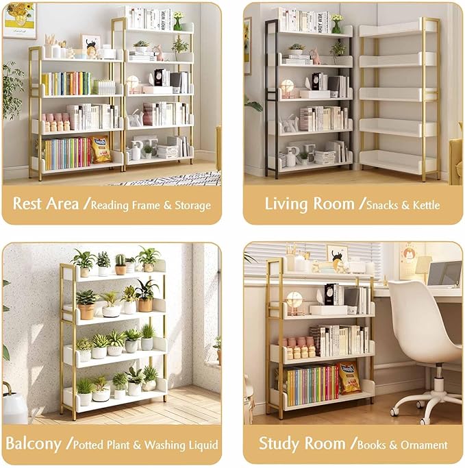 Wide Open Shelf Bookcase - Modern 4-Tier Floor Standing Display Bookshelf with Three-Side Baffles for Home and Office, Storage Shelving in Warm White with Gold Frame