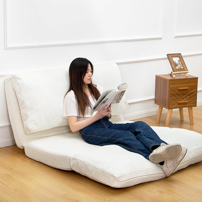 N&V Folding Matress Sofa Bean Bag Bed, Foam Filling Folding Matress Sofa, Includes Removable and Machine Washable Cover, Soft Premium Corduroy (Medium, Ivory)