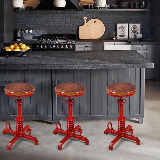 Topower Industrial Retro Vintage Farm Wooden Seat Tractor Stool Kitchen Swivel Height Adjustable bar Stool Antique Red