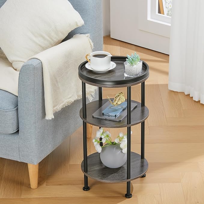 Small Round Side Table for Small Spaces, 3-Tier Round Accent Table Slim Side Table, Modern Sofa Corner Table for Living Room Nightstand Bedroom (Grey)