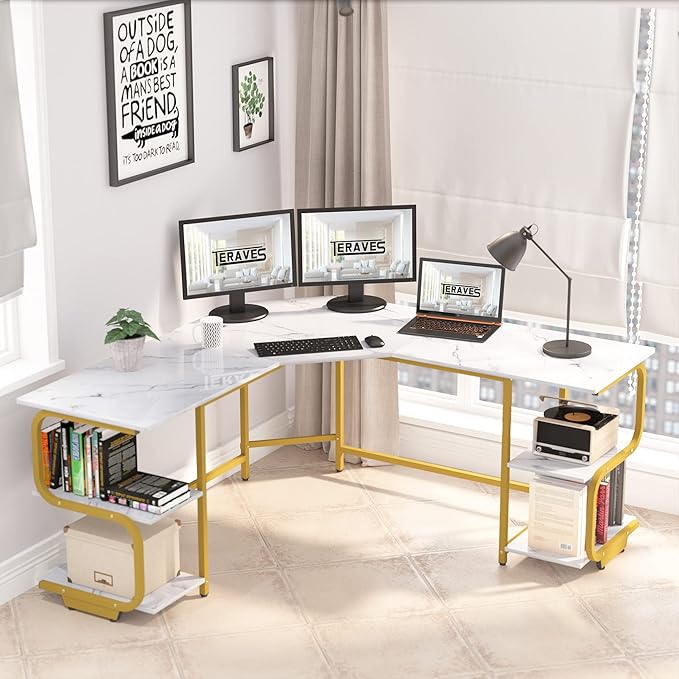 Teraves Modern L Shaped Desk with Shelves,64.84" Computer Desk/Gaming Desk for Home Office,Corner Desk with Large Desktop (White Marbling+ Gold Frame, Large+4 Tier Shelves)
