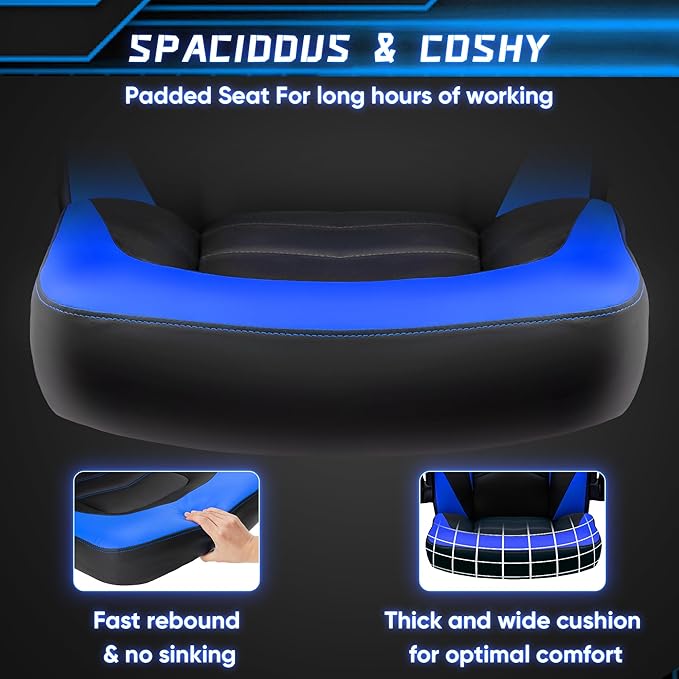 OLIXIS Computer Gaming Chair - PU Leather Ergonomic Lumbar Support with Flip-up Armrest and 360° Swivel Wheels, Height Adjustable Task Home Office Desk Video Racing, Blue
