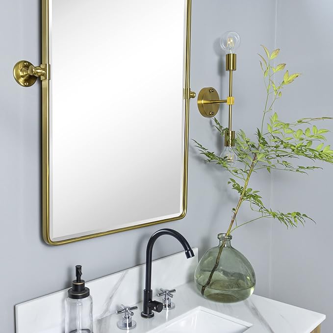 TEHOME 27 x 35'' Gold Pivot Mirror Brushed Champagne Gold Tilt Rectangle Bathroom Mirror Tilting Beveled Vanity Mirrors for Wall