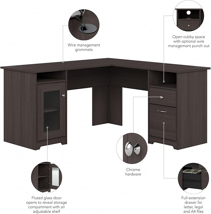 Bush Furniture Cabot L Shaped Computer Desk in Heather Gray | Corner Table with Drawers for Home Office
