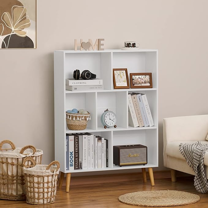 YAHARBO White Bookshelf,3 Tier Book Shelf with Legs, 7 Cube Minimalist Bookcase,Storage Organizer Shelves Display Bookcases for Bedroom,Living Room