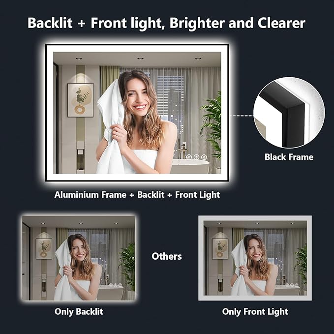 48x36 Inch LED Bathroom Mirror with Lights (Front Lit and Backlit) Black Framed Lighted Vanity Mirror for Bathroom Wall Dimmable Anti-Fog Memory Tempered Glass Horizontal/Vertical