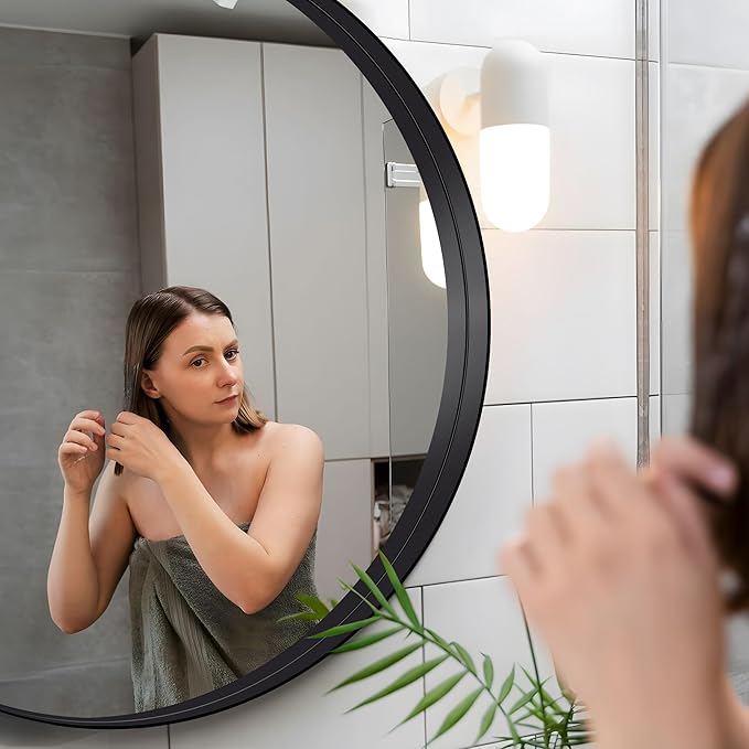 Black Round Mirror 39 inch Deep Frame Circle Mirror,Metal Frame Round Bathroom Mirror, Circle Mirrors for Wall Entryway Washroom Bedroom Living Room Hallway