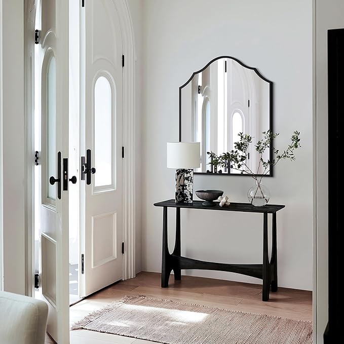 32"x30" Vanity Mirror for Wall, with Black Arched Decorative Metal Frame, Scalloped Entryway Mirror for Bedroom, Bathroom, Living Room