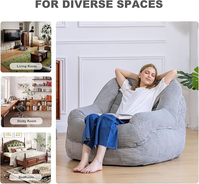 Giant Bean Bag Chair with Armrests - Oversized Cozy Seating for Adults, Corduroy Fabric & High - Density Foam Filling, Ideal Lounge for Living Room, Bedroom & Gaming Room (Grey)