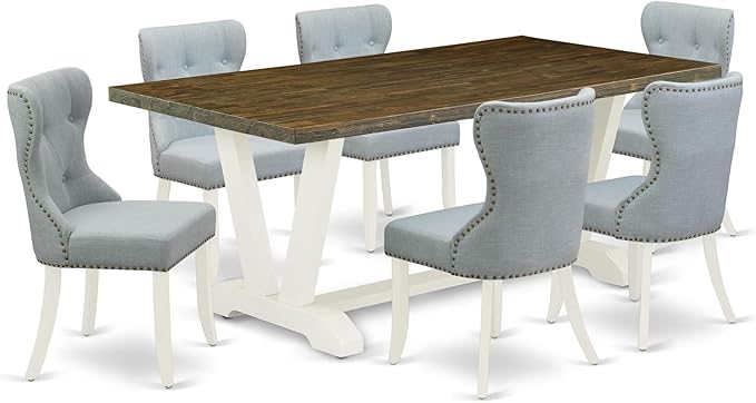 East West Furniture V077SI215-7 7 Piece Dining Room Furniture Set Consist of a Rectangle Dining Table with V-Legs and 6 Baby Blue Linen Fabric Parsons Chairs, 40x72 Inch, Multi-Color