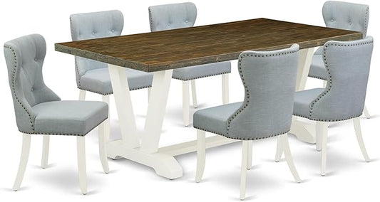 East West Furniture V077SI215-7 7 Piece Dining Room Furniture Set Consist of a Rectangle Dining Table with V-Legs and 6 Baby Blue Linen Fabric Parsons Chairs, 40x72 Inch, Multi-Color