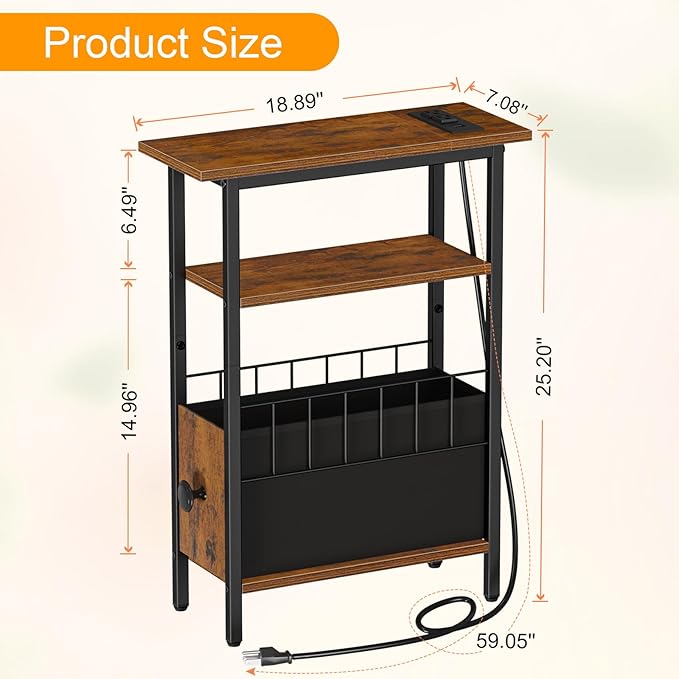 Snughome Narrow Side Table with Charging Station, Slim End Table for Small Spaces, 3 Tier Skinny Nightstand with Drawer, Sofa Beside Table with Storage Shelf for Living Room Bedroom