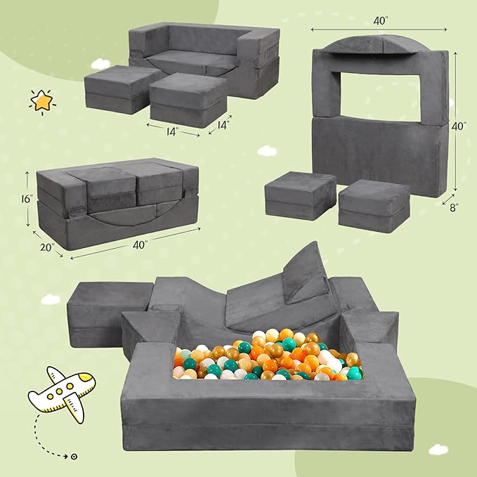 Modular Kids Play Couch, Kids Sofa Toddler Couch, Foam Play Set with Recliner, Toddler Sofa for Creative Boys & Girls, Convertible Foam Climbing Blocks