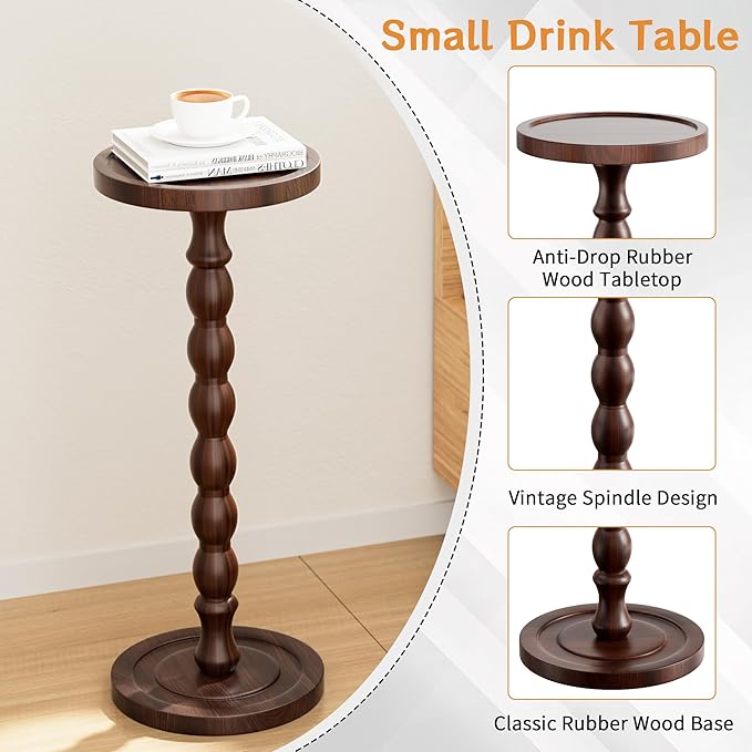 Solid Wood Drink Table, Rubber Wood‌ Small Round Side Table for Small Spaces, Martini Tables, Pedestal End Tables for Living Room, Bedroom, Corners, and Office (Dark Walnut, 9.4 inch)