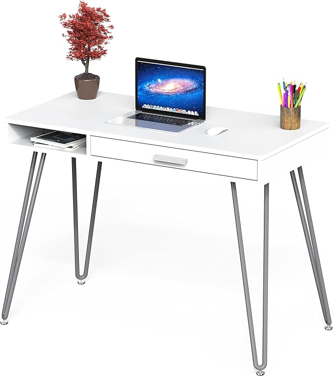 SHW Home Office Computer Hairpin Leg Desk with Drawer, White