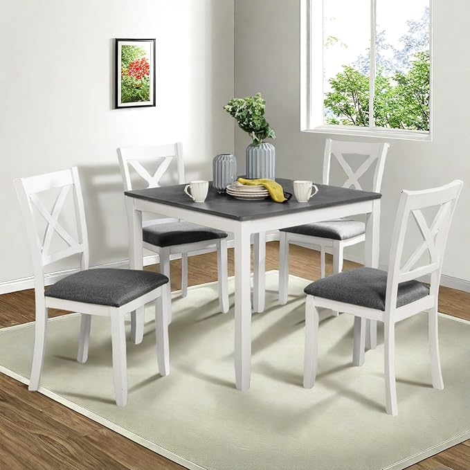 Dining Table Set for 4, 5-Piece Kitchen Table & Chairs Set with Square Table & 4 Fabric Upholstered Chairs, 34.5'' Dinner Set with X-Shaped Backrest & Non-Slip Feet for Kitchen, White&Gray