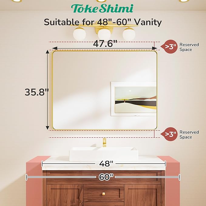 TokeShimi 48x36 Black Bathroom Mirror for Over Sink,Tempered Glass,Rectangle Mirror for Bathroom,Large Bathroom Mirror for Vanity(Horizontal/Vertical)