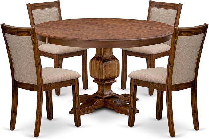 F3MZ5-50N-04 5-Pc Dining Room Set consists of a Pedestal Kitchen Table and 4 Light Tan Polyester Chairs with Padded Back - Antique Walnut