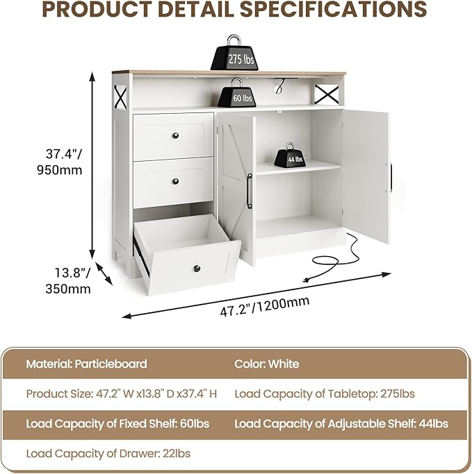 47inch Farmhouse Buffet Sideboard Cabinet, Wood Cupboard Storage Pantry Cabinet with Drawers, Coffee Bar Station Table for Kitchen Living Dining Room, White