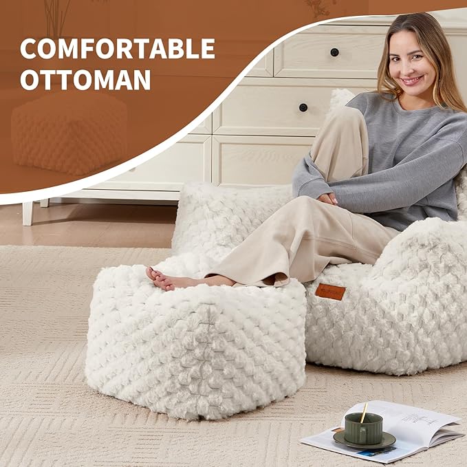 Bean Bag Chair Foot Rest, Modern Comfy Couch Sofa Ottoman for Adult, Faux Fur Foot Stool with Filler, Soft Cozy Footrest for Bedroom, Living Room