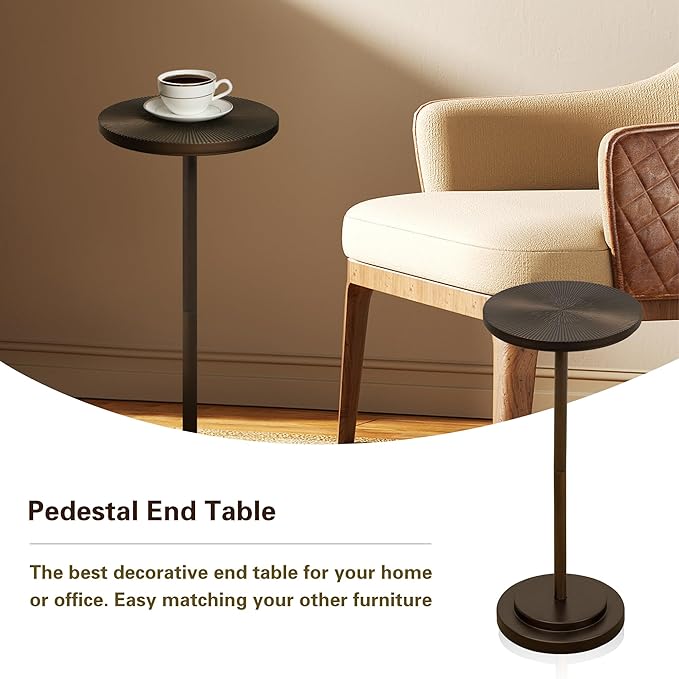 Drink Table Set of 2, Small Round Pedestal Side Table with Carved Top for Living Room, Bedroom, Small Space, Corners and Office, Brown