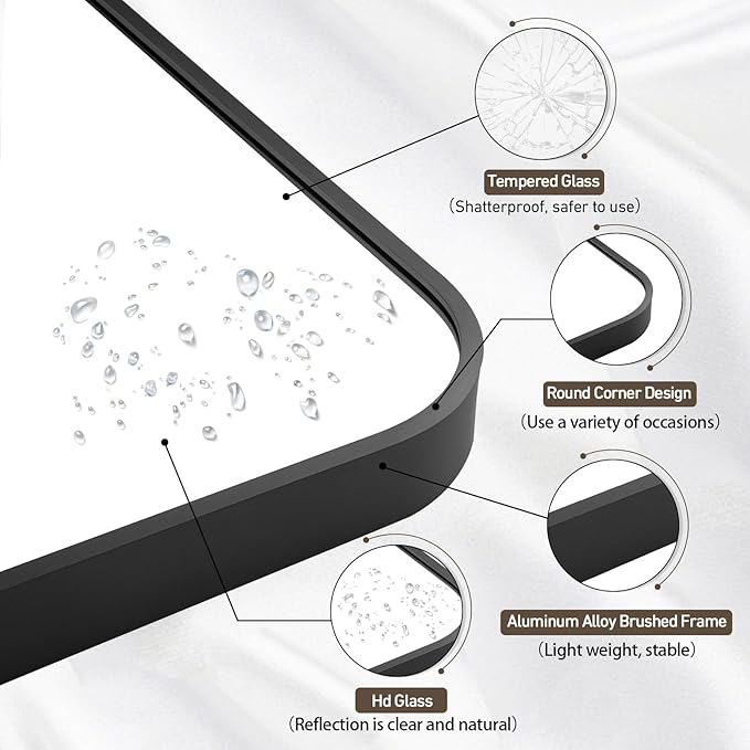 Black Bathroom Mirror, 26x38 Inch Matte Black Mirror, Aluminum Alloy Framed Vanity Mirror, Rounded Rectangle Mirror for Over Sink, Anti-Rust Wall Mirror (Horizontally or Vertically)