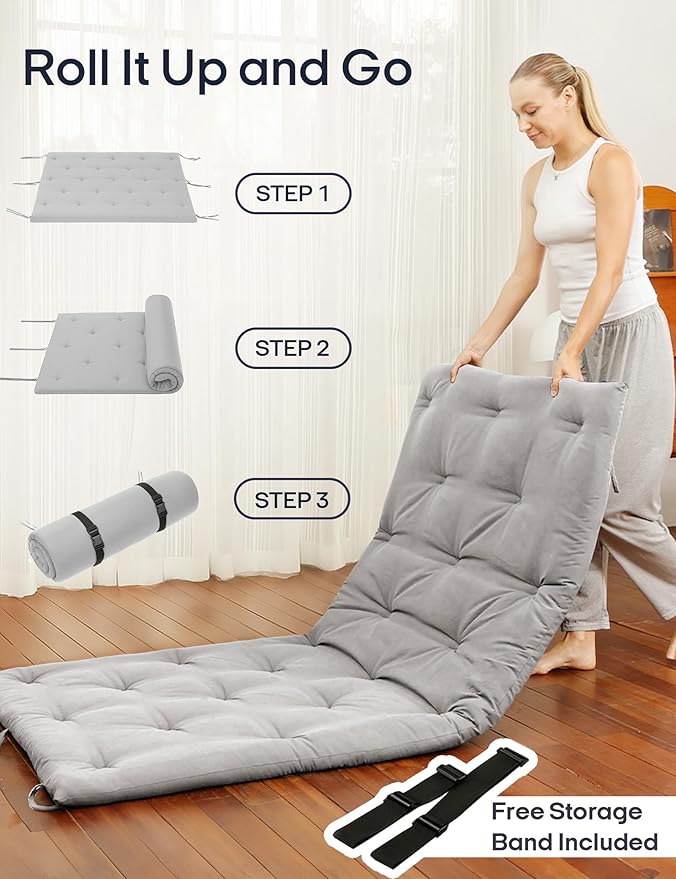 Syrinx Japanese Floor Futon Mattress, Foldable Tatami Sleeping Pad for Adults & Kids, Roll-Up Floor Bed or Bench Cushion