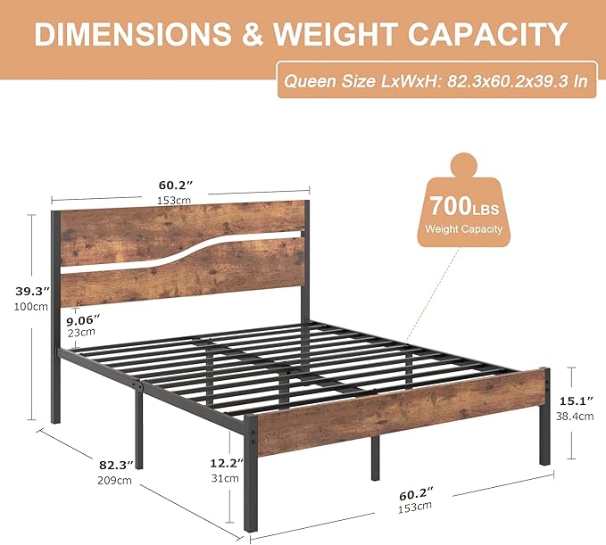 VECELO Queen Size Bed Frame with Wood Headboard and Footboard, 14 Inch Platform/No Box Spring Needed, Heavy Duty Support, Easy Assembly