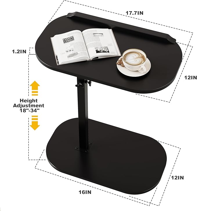 C Shaped End Side Table with Anti-Drop Rod, Adjustable Height & 360° Swivel Snack Table for Couch, Sofa, Bedroom, Living Room, TV Tray Table for Eating, Dinner or Laptop, Small Spaces, Black