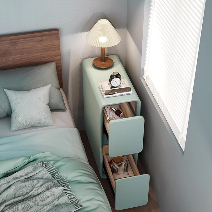 VICITON Modern Narrow Faux Leather Nightstand, Solid Wood Drawer, Storage Accent Table, Small Side End Table for Bedroom (Blue, Narrow)