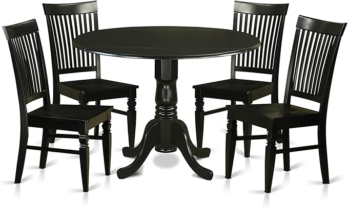 East West Furniture DLWE5-BLK-W 5 Piece Dinette Set for 4 Includes a Round Dining Table with Dropleaf and 4 Dining Room Chairs, 42x42 Inch, Black